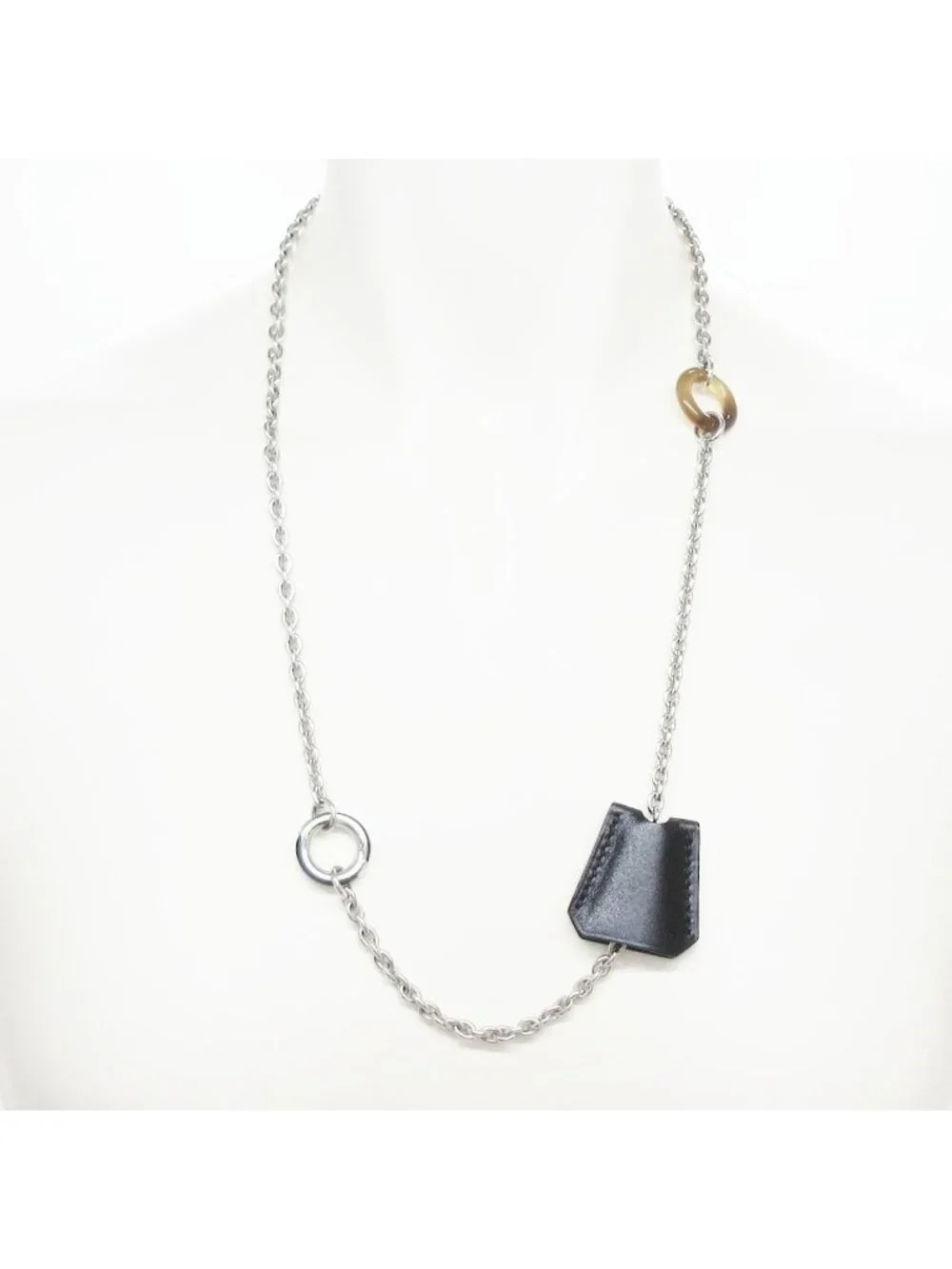 Hermes Necklace Clochette Leather Silver Black Brown